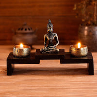 MyGift Mini Buddha Statue Zen Decoration with 2 Tealight Candle Holders and Wood Shelf Base