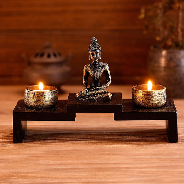 MyGift Mini Buddha Statue Zen Decoration with 2 Tealight Candle Holders and Wood Shelf Base