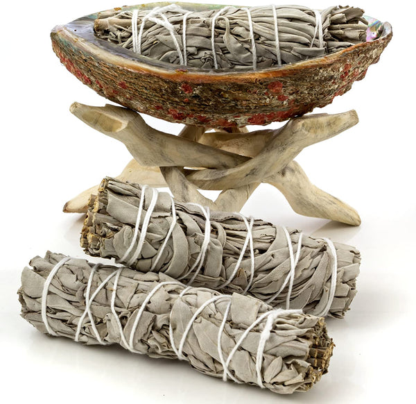 Roll over image to zoom in        Premium Bundle with 5 Inch or Larger Abalone Shell, Natural Wooden Tripod Stand, and 3 California White Sage Smudge Sticks for Incense Burning, Home Fragrance, Energy Clearing, Yoga, Meditation